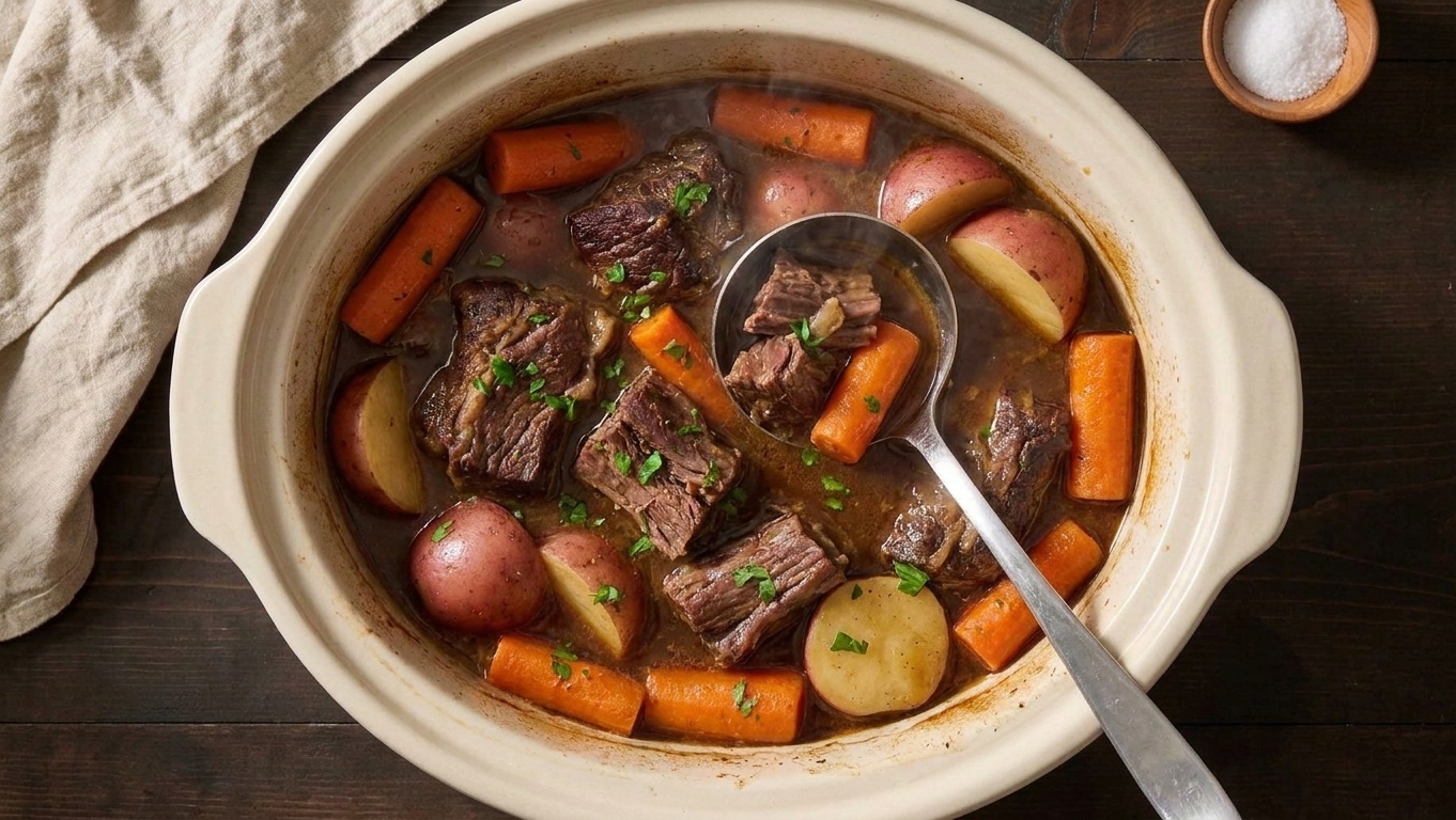 A slow cooker insert filled with cooked pot roast, carrots, and potatoes in a rich brown broth, with a ladle resting at the edge