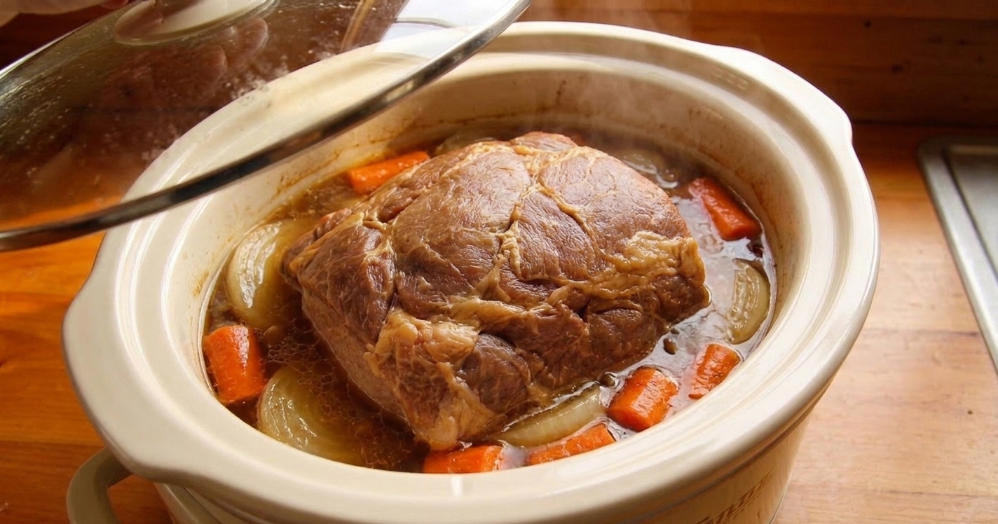 A slow cooker on a kitchen counter with the lid lifted, showing a bubbling pork roast with carrots and onions in a rich brown broth