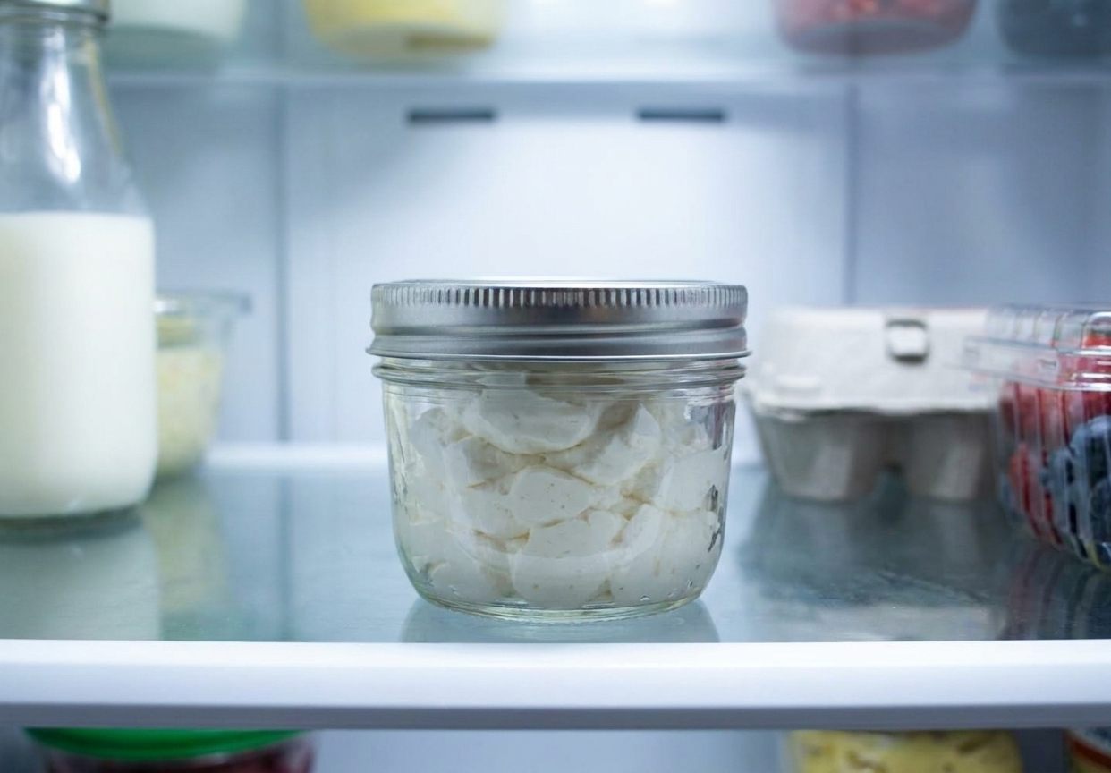 A small airtight container filled with whipped cream sitting on a refrigerator shelf