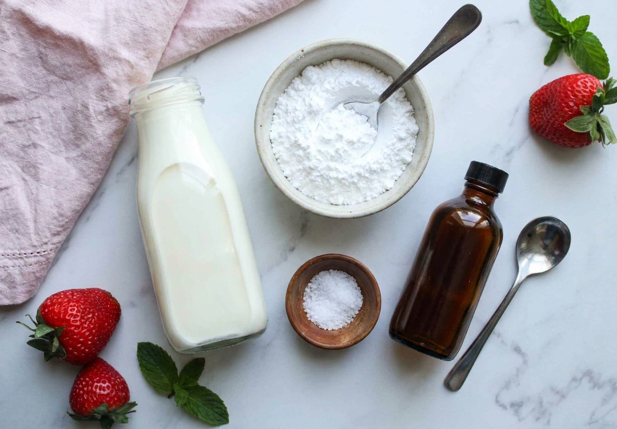 A small arrangement of heavy cream, powdered sugar, vanilla extract, and a pinch bowl of salt on a kitchen counter