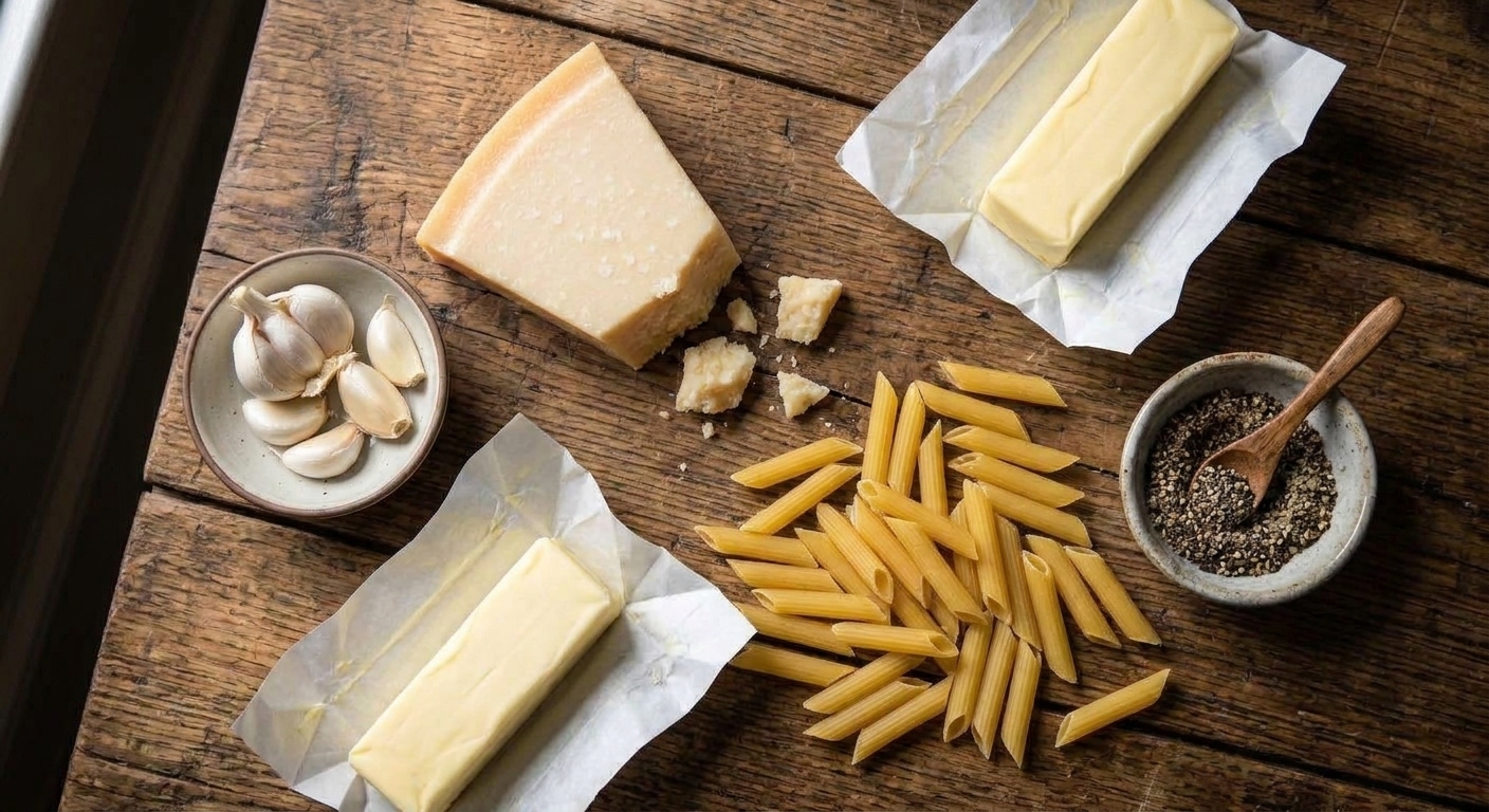 A small arrangement of ingredients on a kitchen counter including peeled garlic cloves, a wedge of Parmesan, a stick of butter, dried pasta, and a small bowl of black pepper