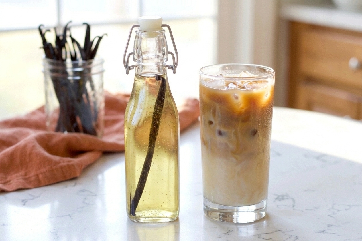 A small bottle of vanilla syrup next to a glass of iced coffee on a kitchen counter with light reflecting on the glass