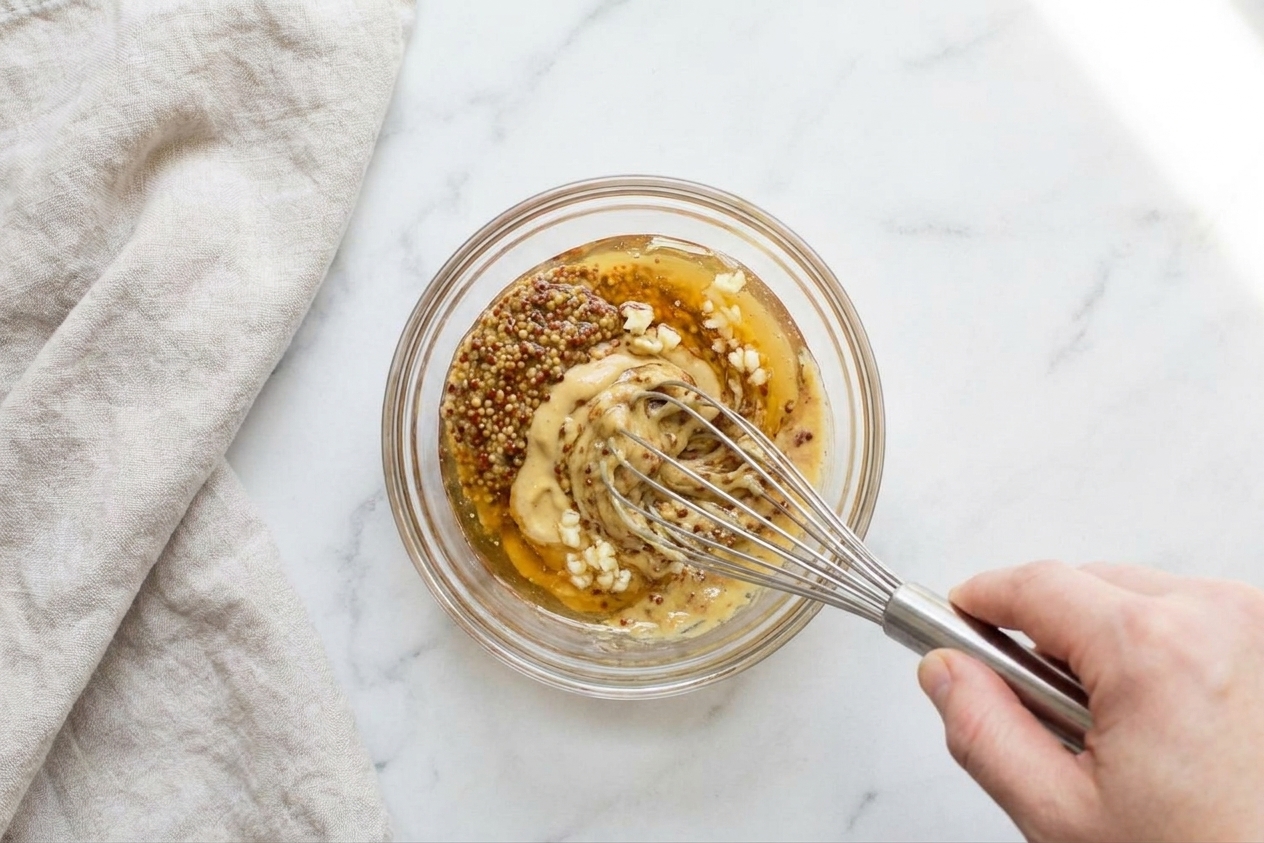 A small bowl of Dijon mustard, whole grain mustard, honey, and minced garlic being whisked together on a kitchen counter