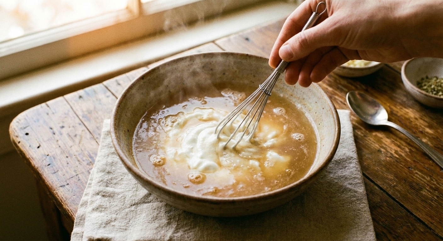 A small bowl of Greek yogurt being whisked with warm broth until smooth and pourable