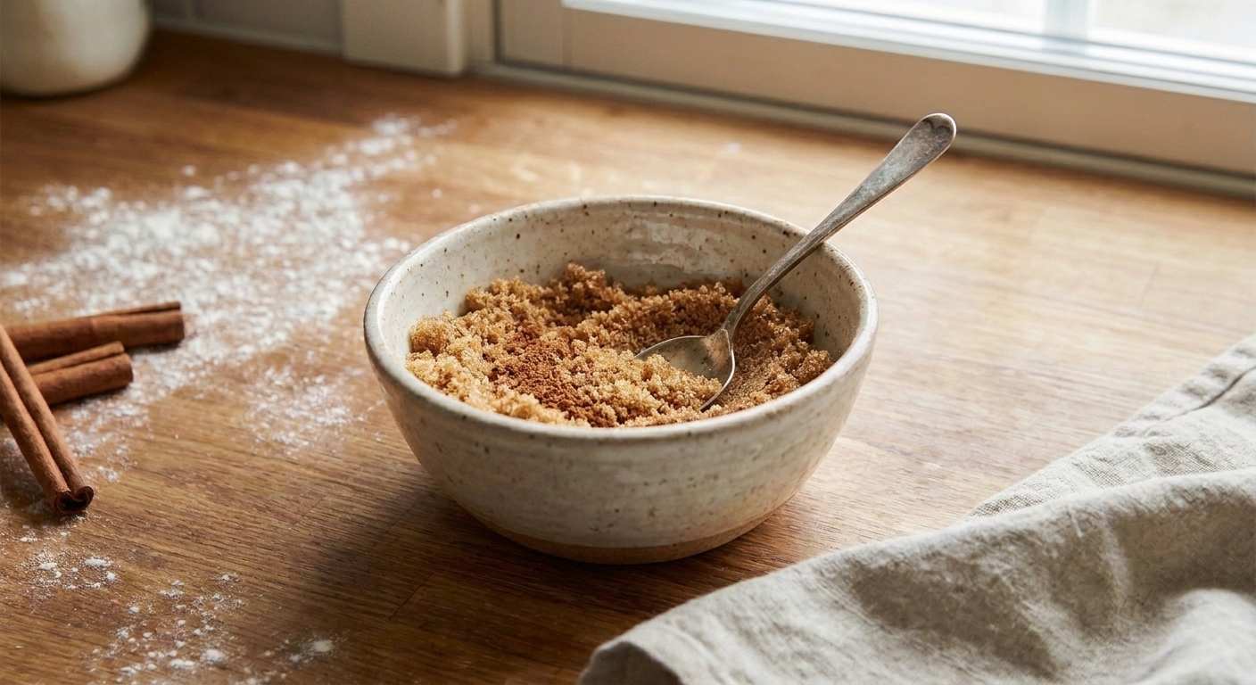 A small bowl of brown sugar and cinnamon mixture with a spoon resting inside on a countertop