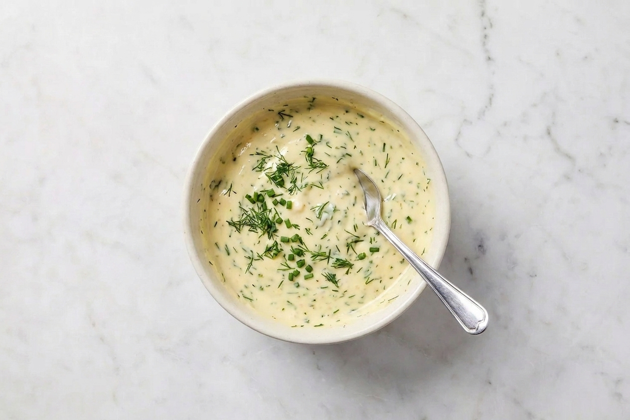 A small bowl of creamy lemon dill sauce with visible chopped herbs on a kitchen counter