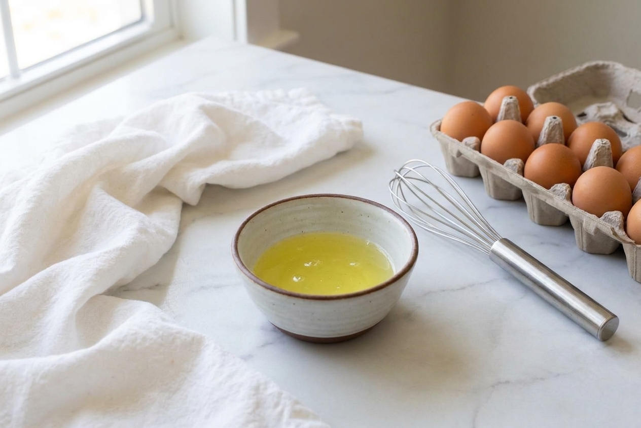 A small bowl of leftover egg whites on a kitchen counter next to a whisk and a carton of eggs