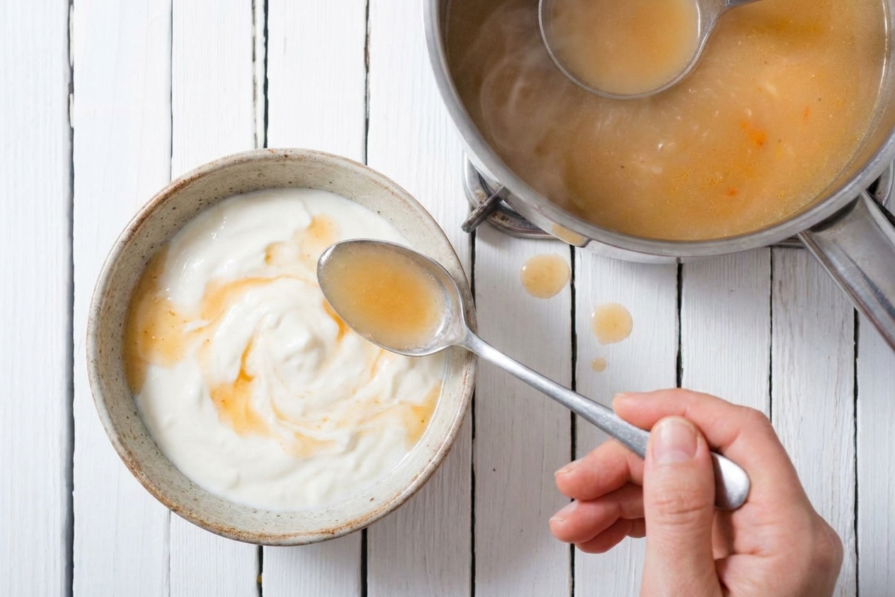 A small bowl of yogurt being mixed with a spoonful of hot soup liquid before being stirred back into the pot to prevent curdling