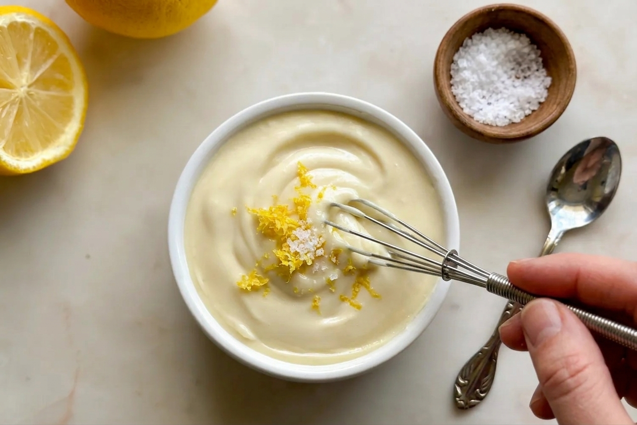 A small ceramic bowl of sweetened condensed milk being whisked with lemon zest, with a halved lemon and a small pinch bowl of salt nearby
