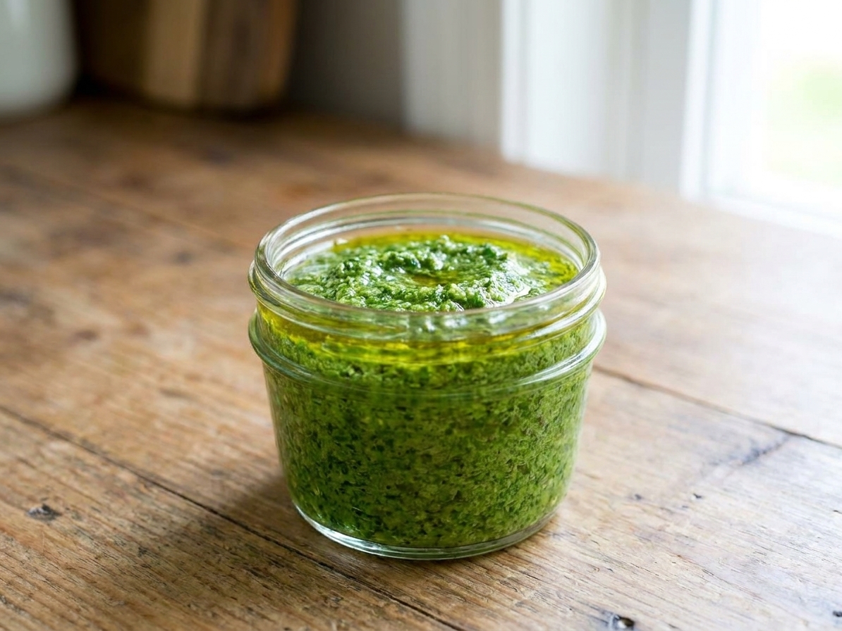 A small glass jar filled with fresh basil pesto with a thin layer of olive oil on top on a kitchen counter