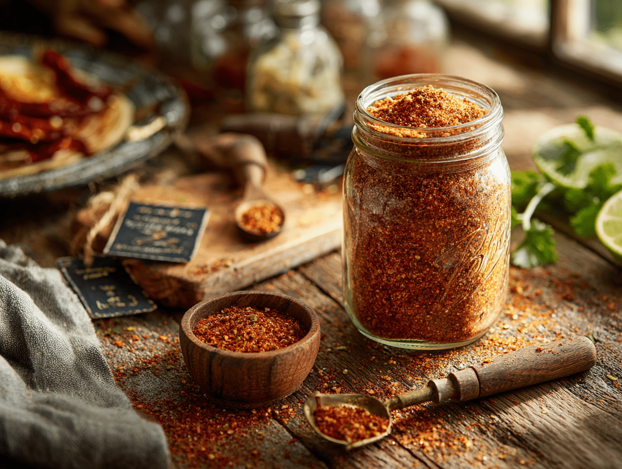 A small glass jar filled with reddish-brown homemade taco seasoning on a kitchen counter with measuring spoons nearby