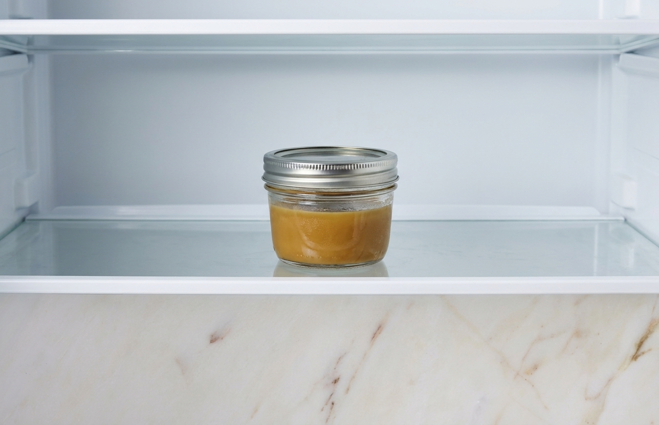 A small glass jar of cooled roux with a lid, sitting on a refrigerator shelf