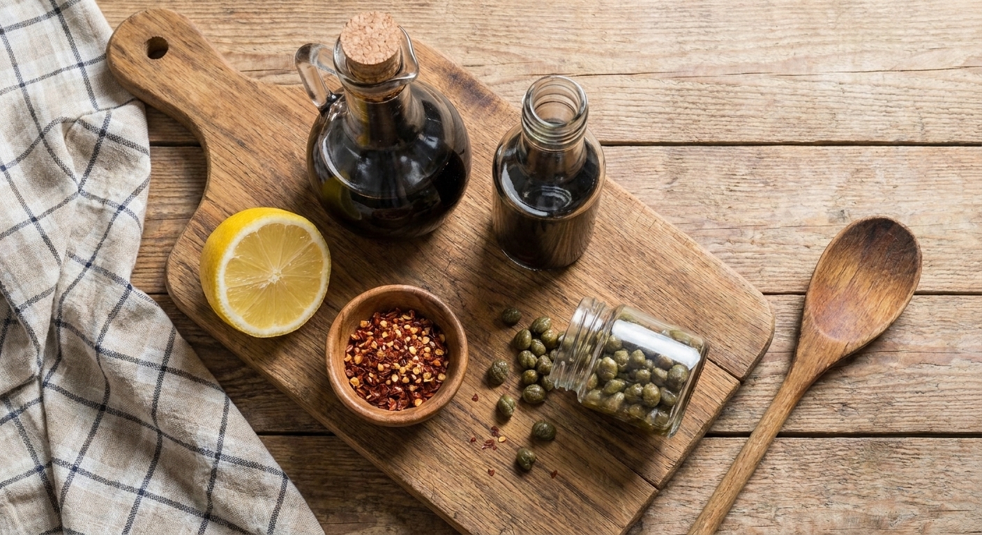 A small grouping of pantry flavor boosters on a cutting board including a halved lemon, a bottle of vinegar, soy sauce, chili flakes, and a jar of capers