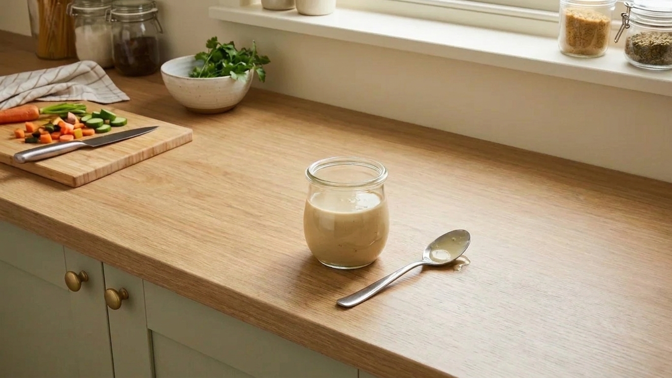 A small jar of creamy tahini lemon dressing with a spoon resting beside it on a kitchen counter