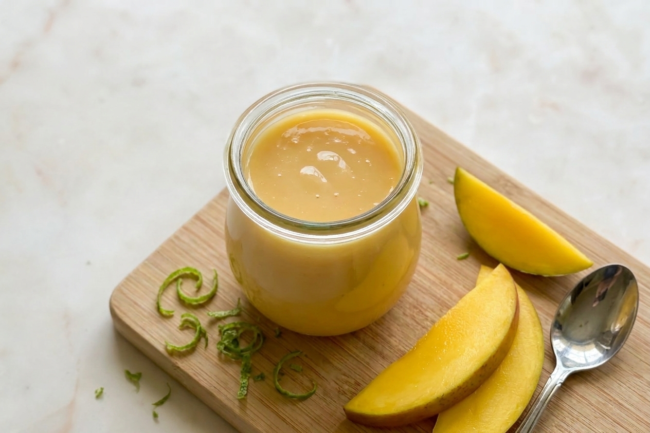 A small jar of pale mango-tinted condensed milk on a cutting board with lime zest and sliced mango nearby