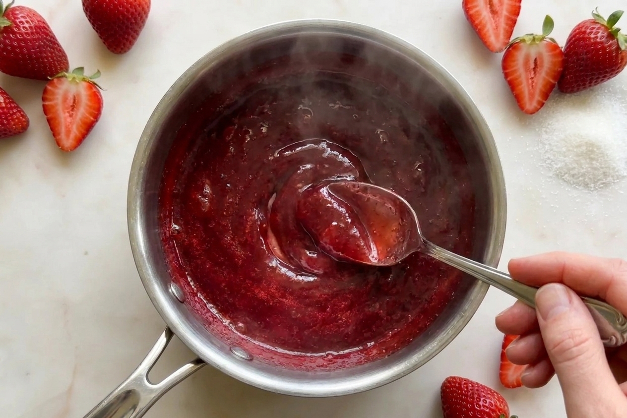 A small saucepan of bubbling strawberry reduction being stirred until glossy and syrupy