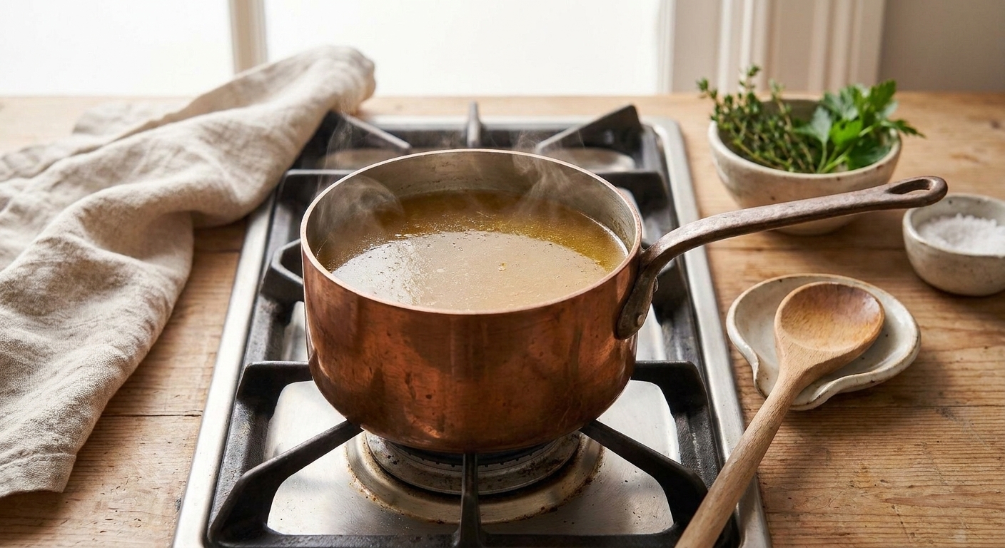 A small saucepan of chicken stock simmering on the stove with steam rising and a spoon resting nearby