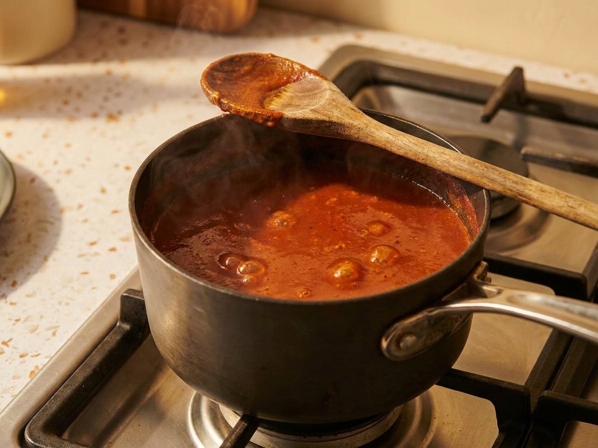 A small saucepan on a stove filled with brick-red enchilada sauce gently simmering, with a wooden spoon resting on the rim