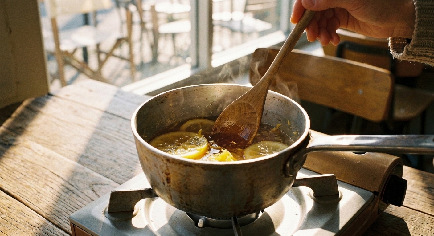A small saucepan on a stove with honey and lemon juice being stirred as it warms into a syrup