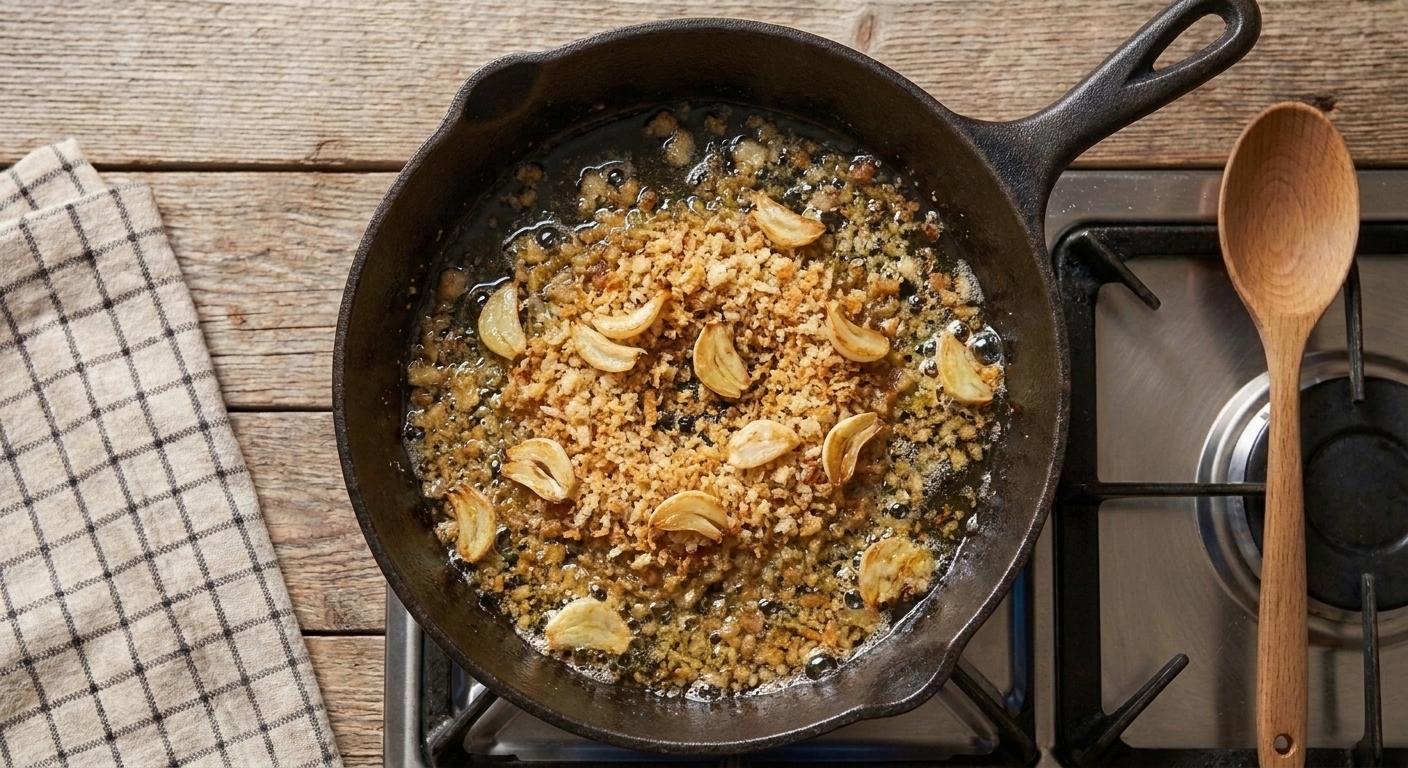 A small skillet on a stove with breadcrumbs toasting in olive oil with sliced garlic, turning golden