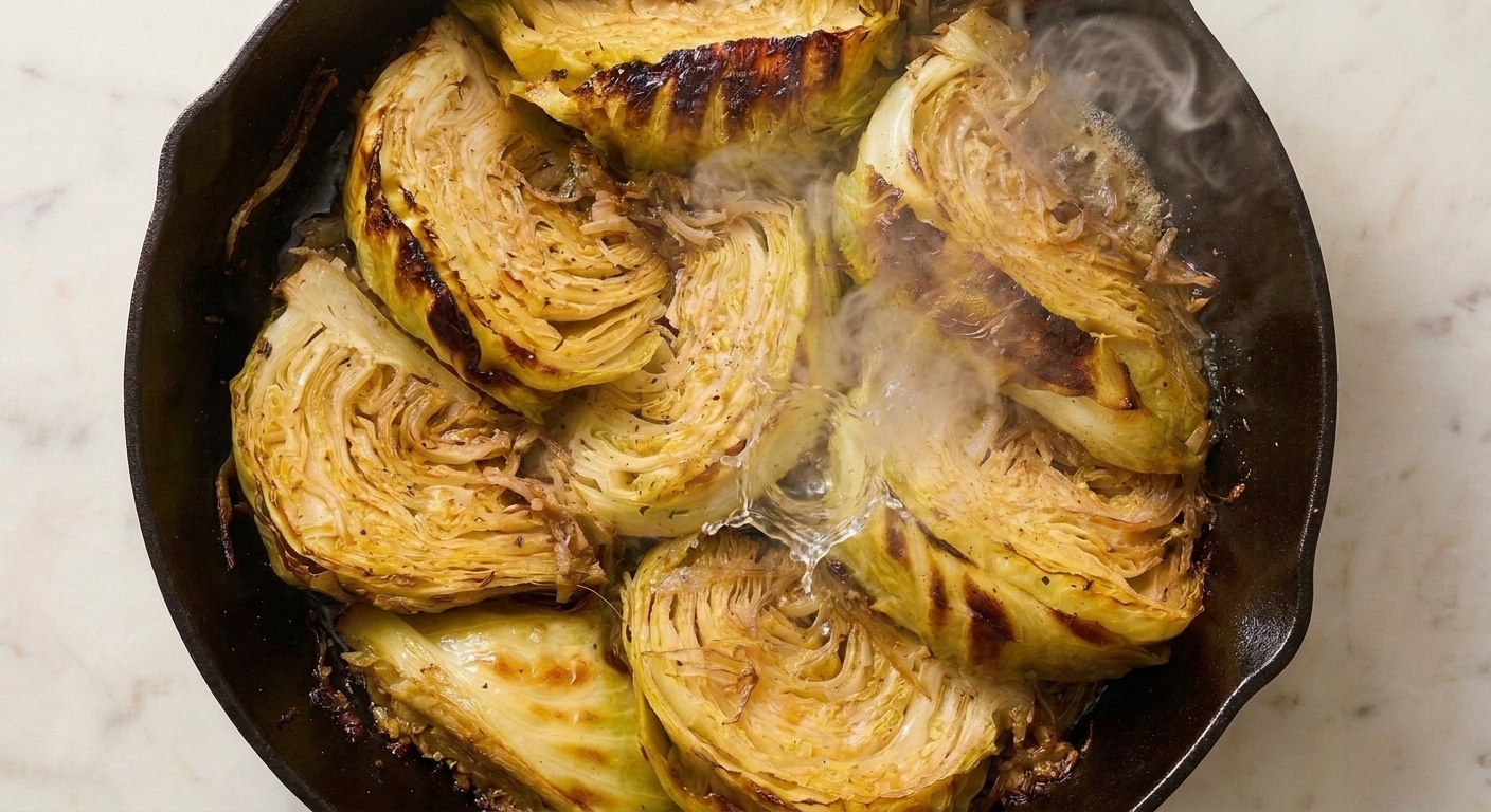 A small splash of vinegar hitting a hot pan of browned cabbage as steam rises