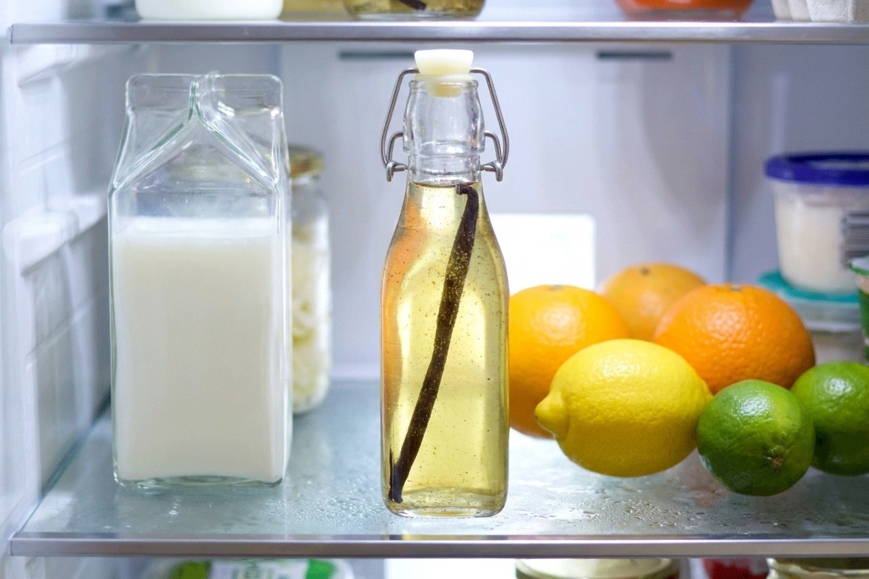 A small swing-top glass bottle filled with vanilla syrup sitting on a refrigerator shelf next to milk and citrus