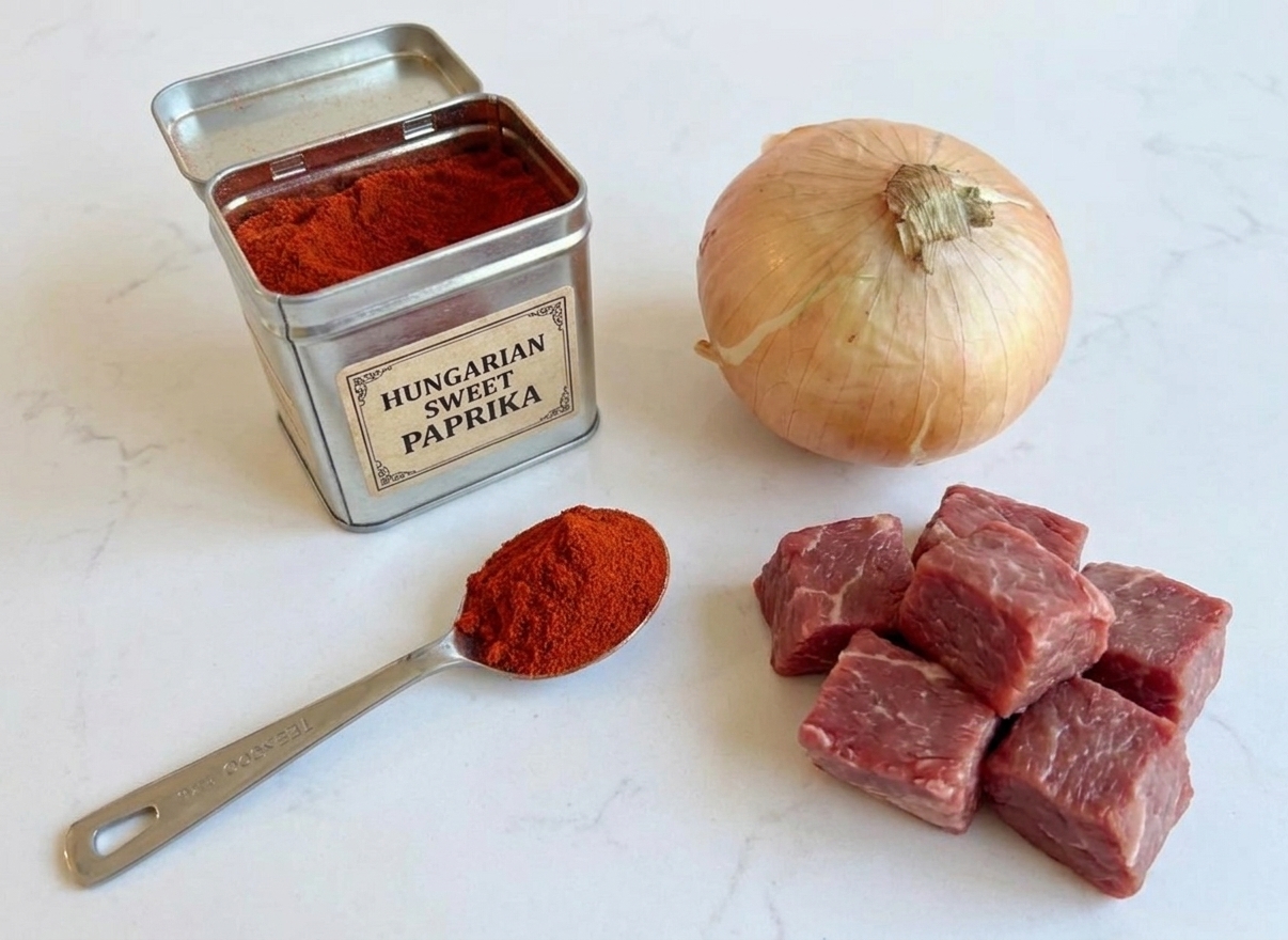 A small tin and spoonful of bright red Hungarian sweet paprika on a kitchen counter next to onions and beef