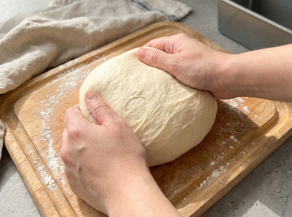 A soft bread dough being kneaded on a lightly floured wooden countertop until smooth and elastic