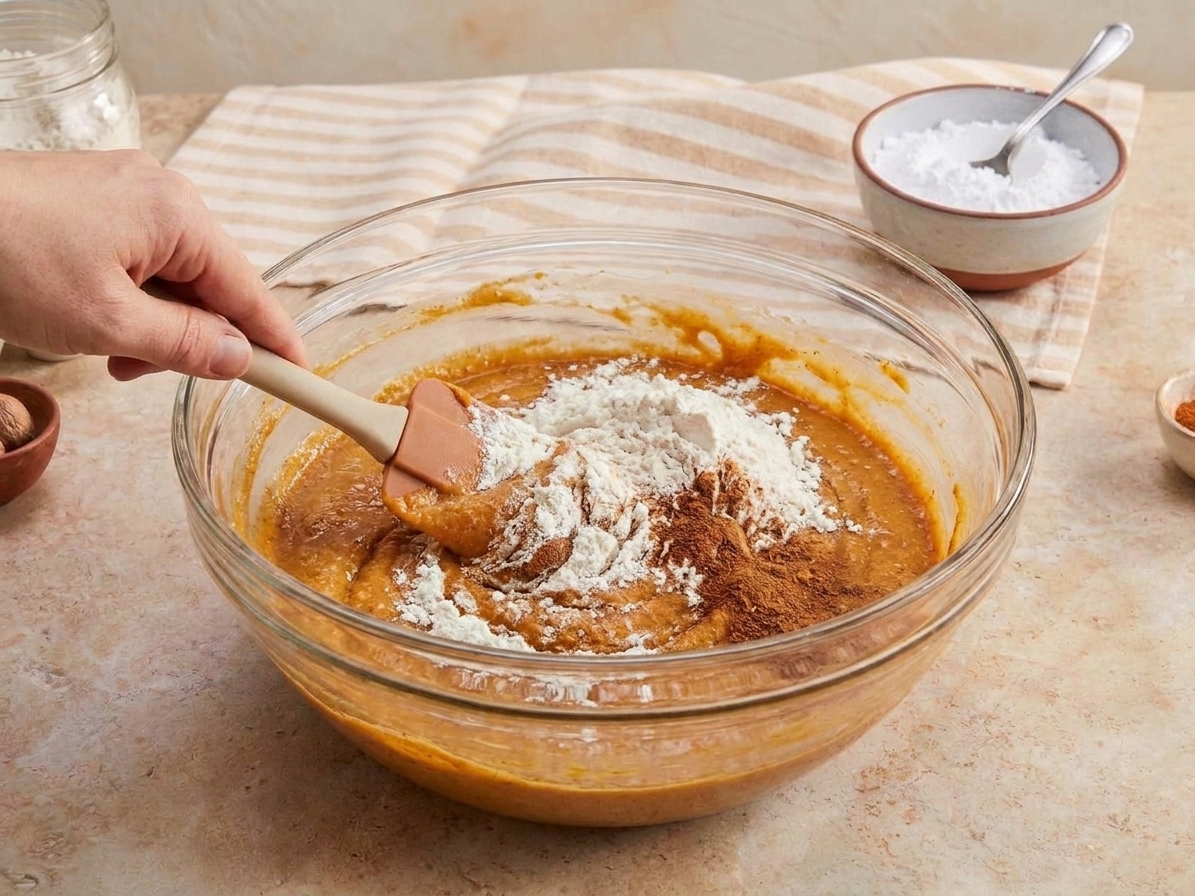 A spatula folding flour and spices into pumpkin batter in a glass mixing bowl