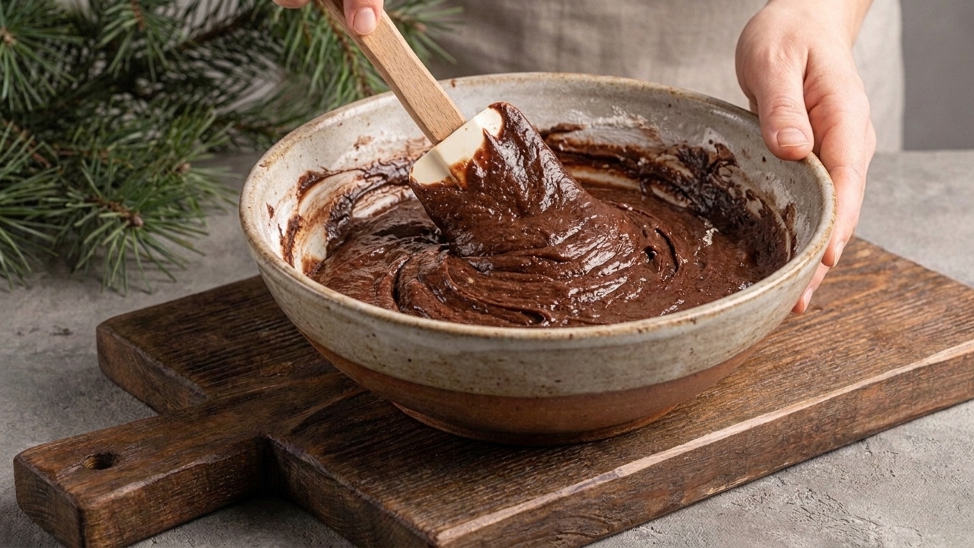 A spatula folding thick chocolate brownie batter in a mixing bowl on a kitchen counter
