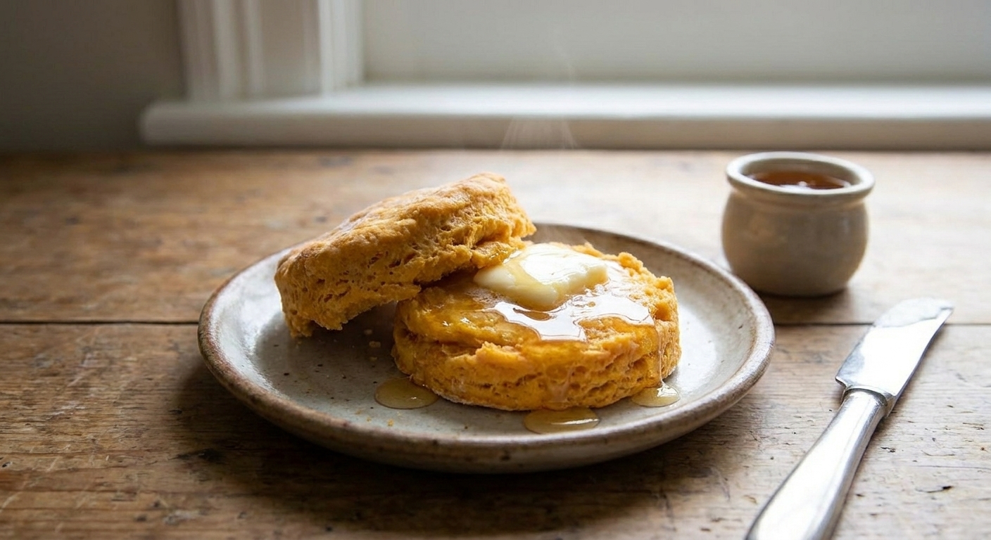 A split sweet potato biscuit on a small plate with a pat of honey butter melting into the layers