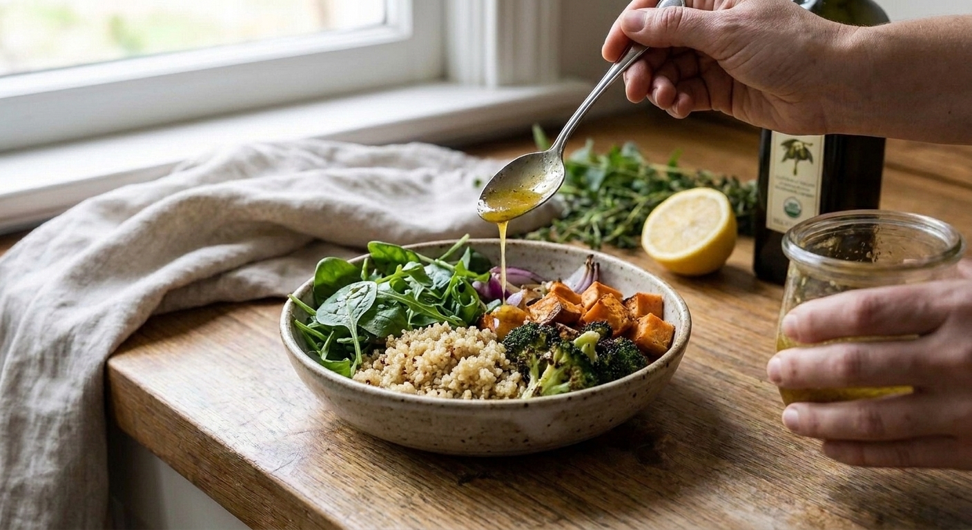 A spoon drizzling honey vinaigrette over a grain bowl with quinoa, roasted vegetables, and leafy greens in a ceramic bowl
