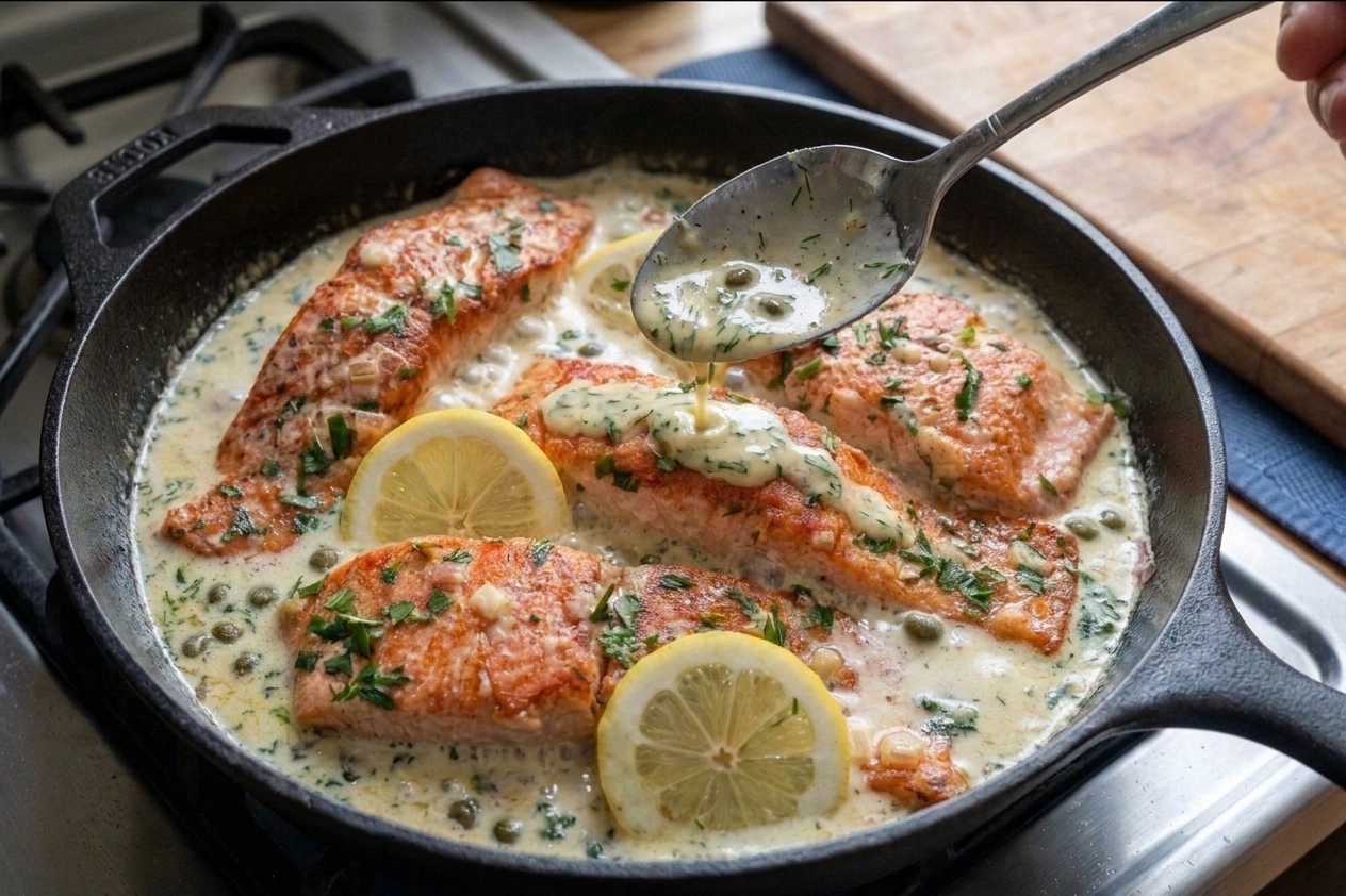 A spoon drizzling lemon cream sauce over a salmon fillet in a skillet just before serving