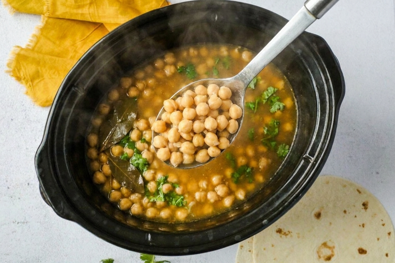 A spoon lifting tender chickpeas from a slow cooker with steam rising