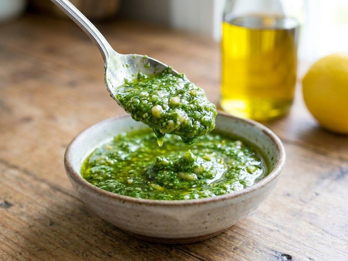 A spoon lifting thick, glossy basil pesto with visible flecks of Parmesan and pine nuts from a small bowl