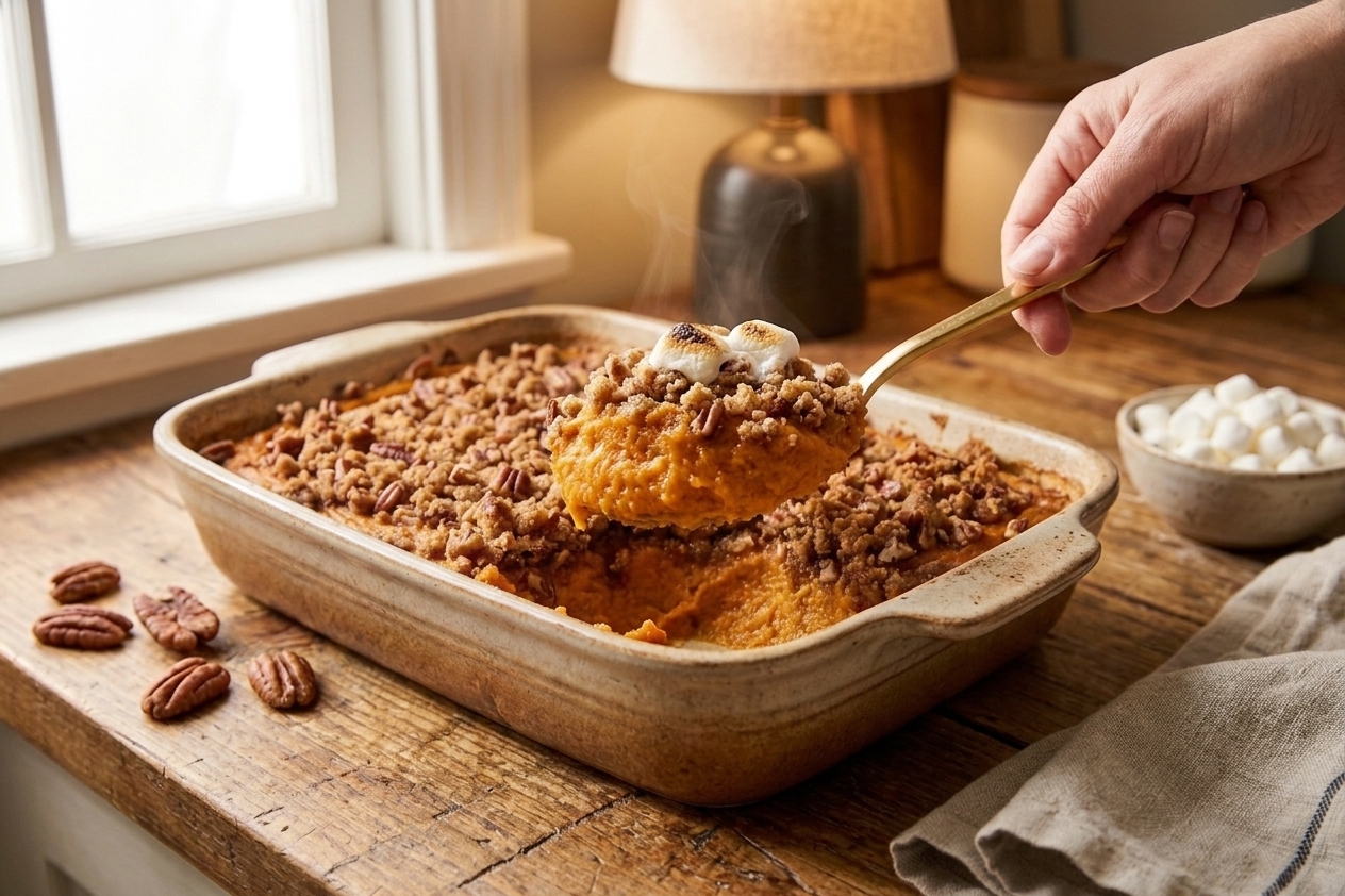 A spoon scooping a serving of sweet potato casserole showing a creamy orange interior and crunchy pecan topping