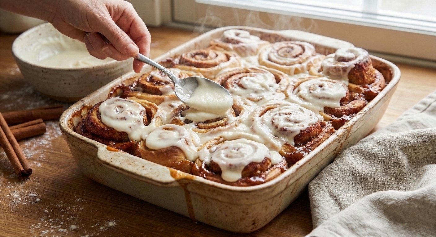 A spoon spreading cream cheese icing over warm cinnamon rolls in a baking pan