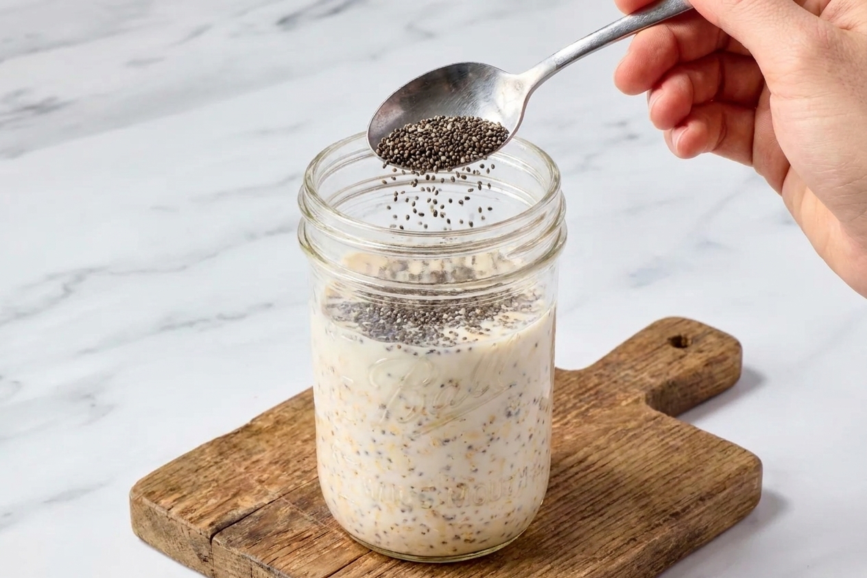 A spoon sprinkling chia seeds into a jar of oats and milk on a wooden countertop