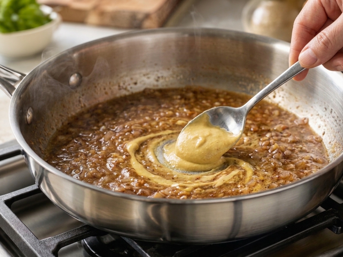 A spoonful of Dijon mustard being stirred into a bubbling pan sauce in a skillet