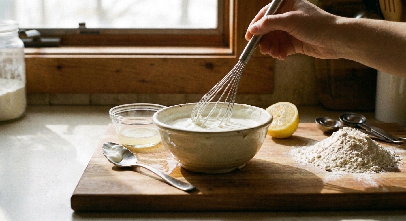 A spoonful of sour cream being whisked with milk in a ceramic bowl until it becomes pourable