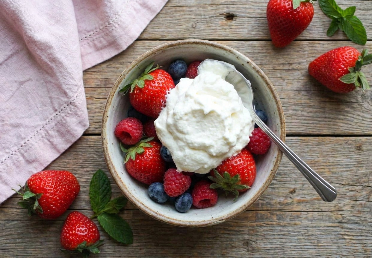 A spoonful of whipped cream dolloped over fresh berries in a small bowl on a wooden table