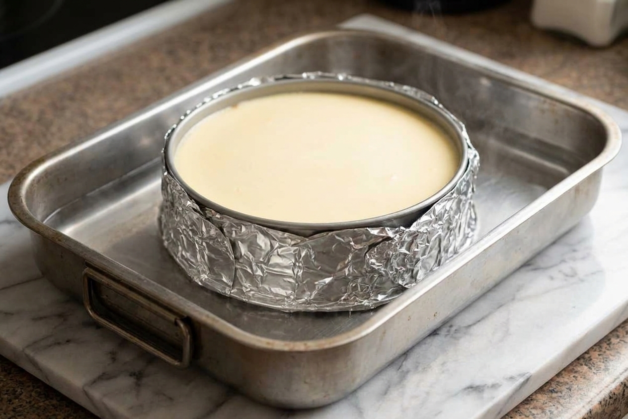 A springform pan wrapped in foil sitting inside a roasting pan ready for a hot water bath on a kitchen counter