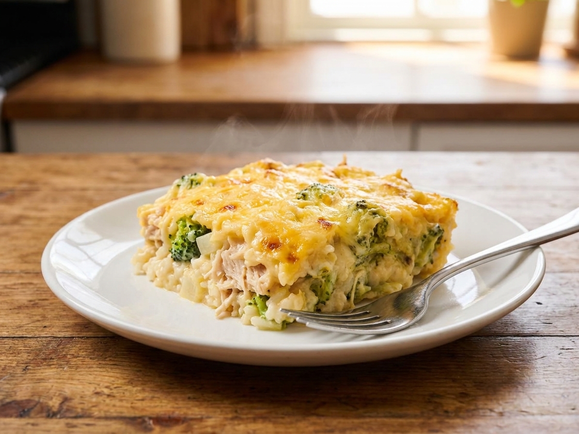 A square portion of cheesy chicken and rice casserole served on a plate with a fork, showing creamy rice and shredded chicken