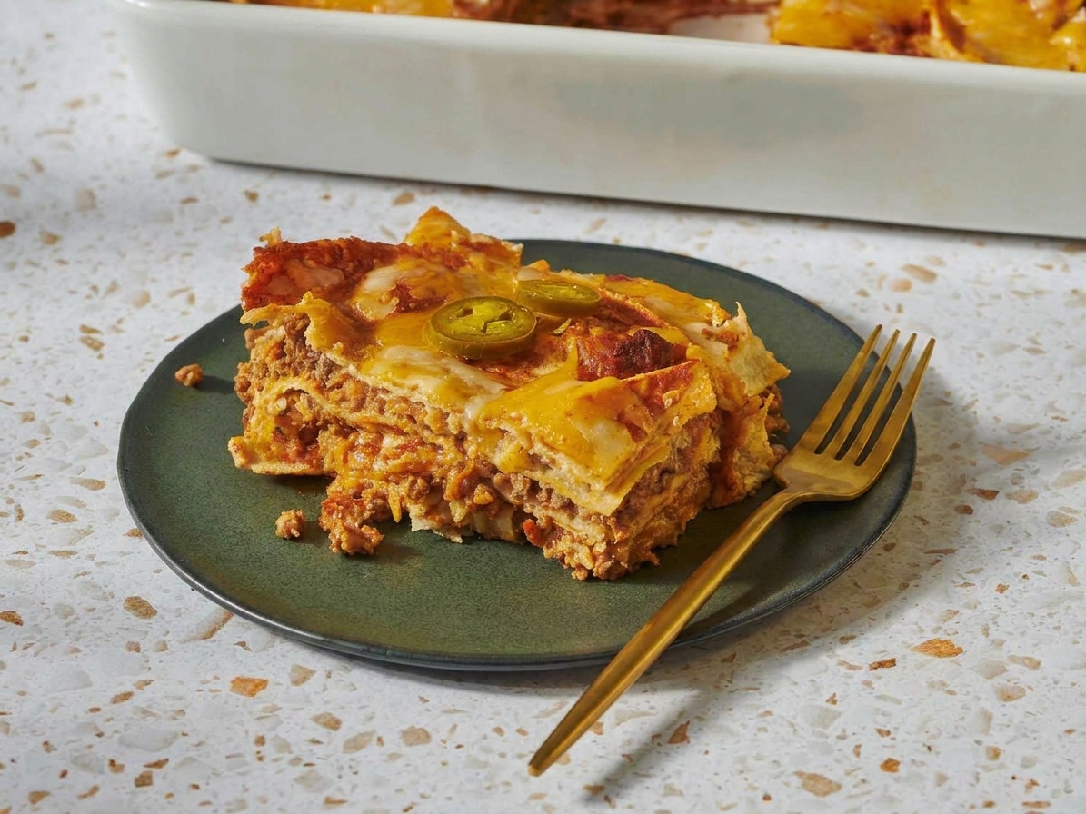 A square slice of stacked enchilada casserole on a plate with red sauce and melted cheese