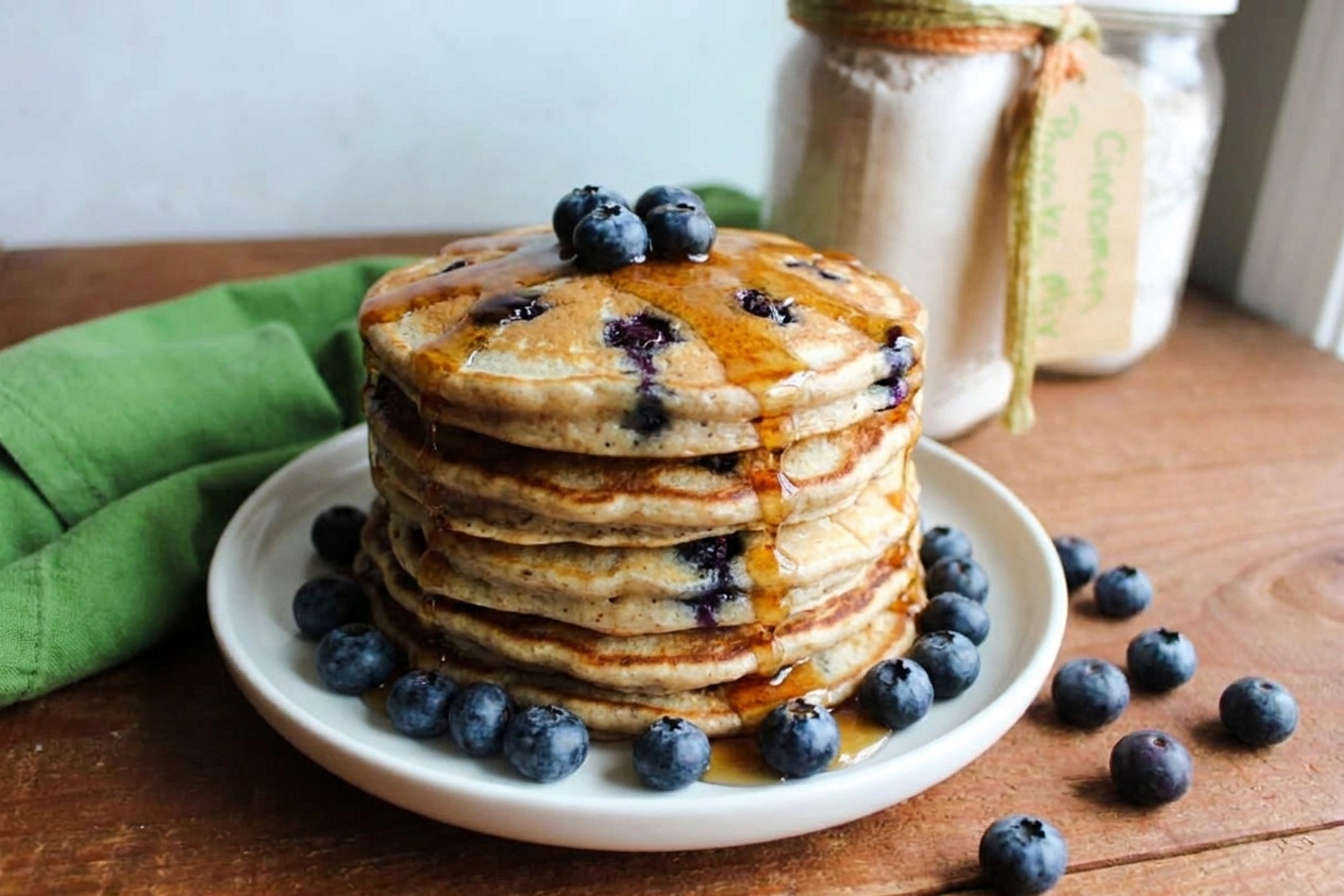 A stack of fluffy blueberry pancakes on a plate with maple syrup and a few fresh blueberries scattered around