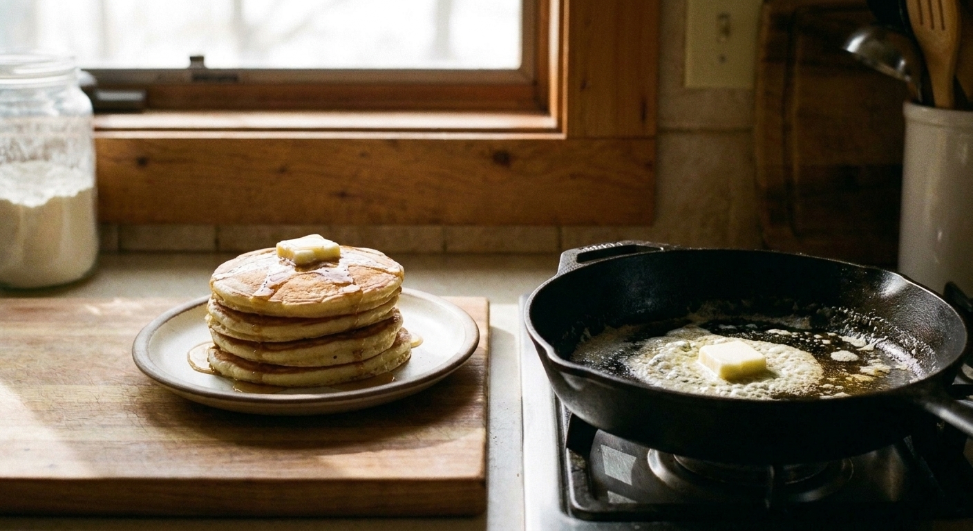 A stack of fluffy pancakes on a plate beside a skillet with melting butter on the stove