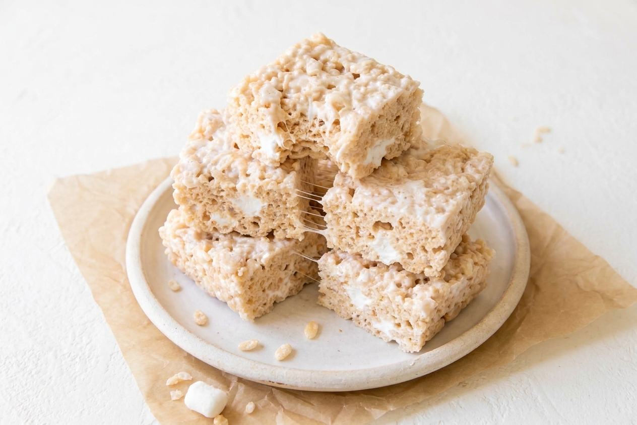 A stack of gooey crisp rice treats on a small plate with visible marshmallow pockets and crisp rice texture