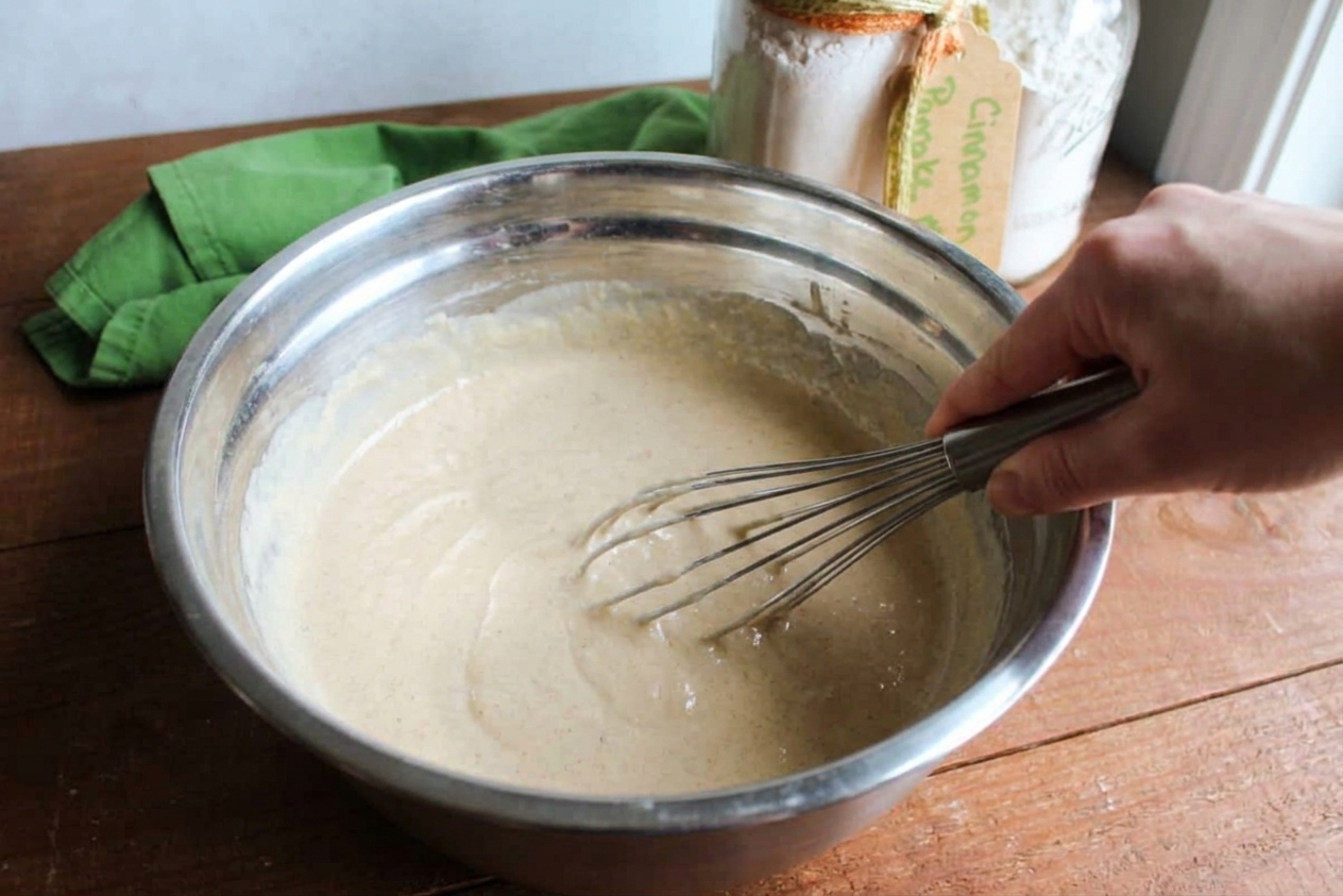 A stainless steel mixing bowl with pancake mix being whisked until evenly combined on a bright kitchen counter