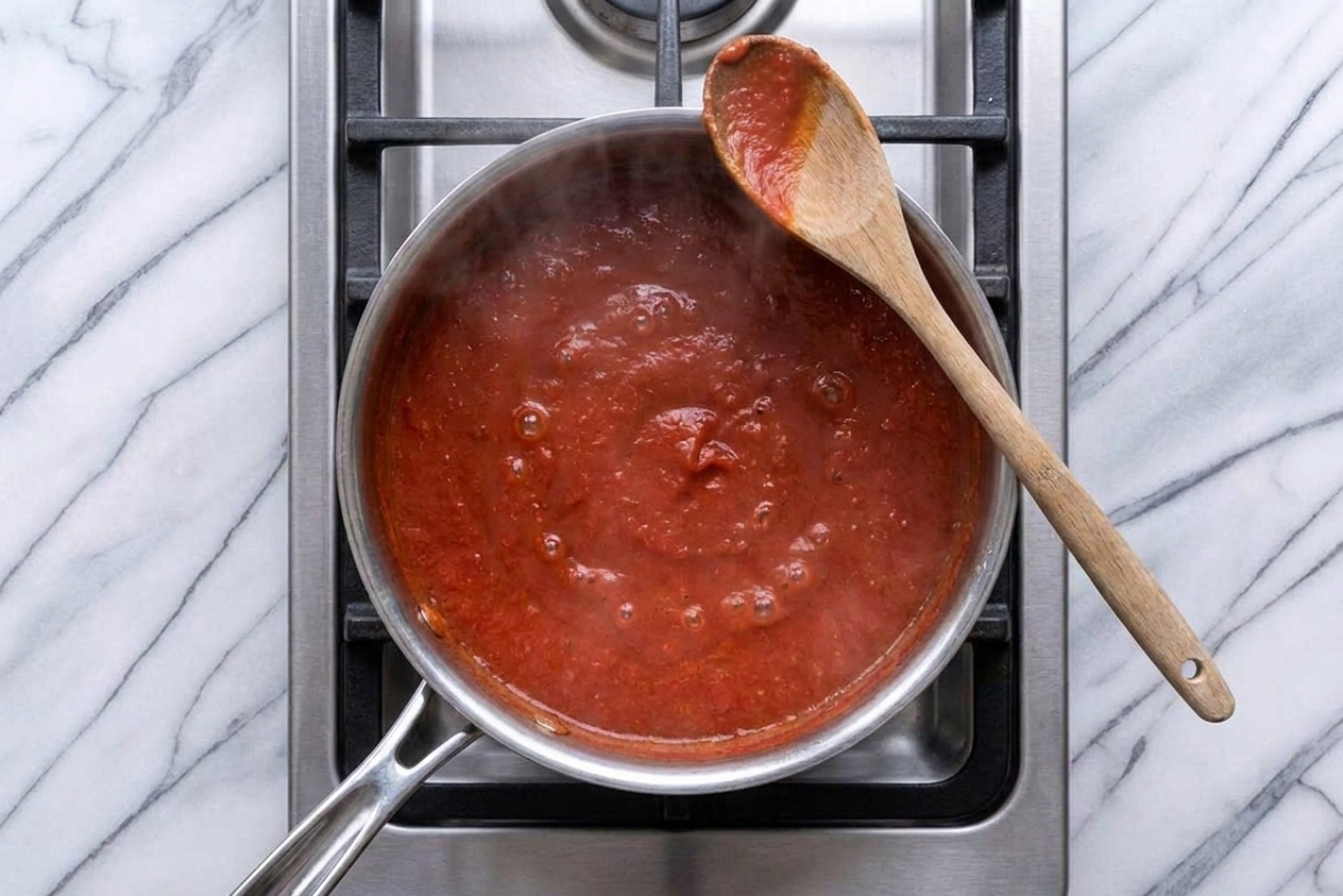 A stainless steel saucepan of tomato sauce gently simmering on a stovetop with a wooden spoon resting on the rim