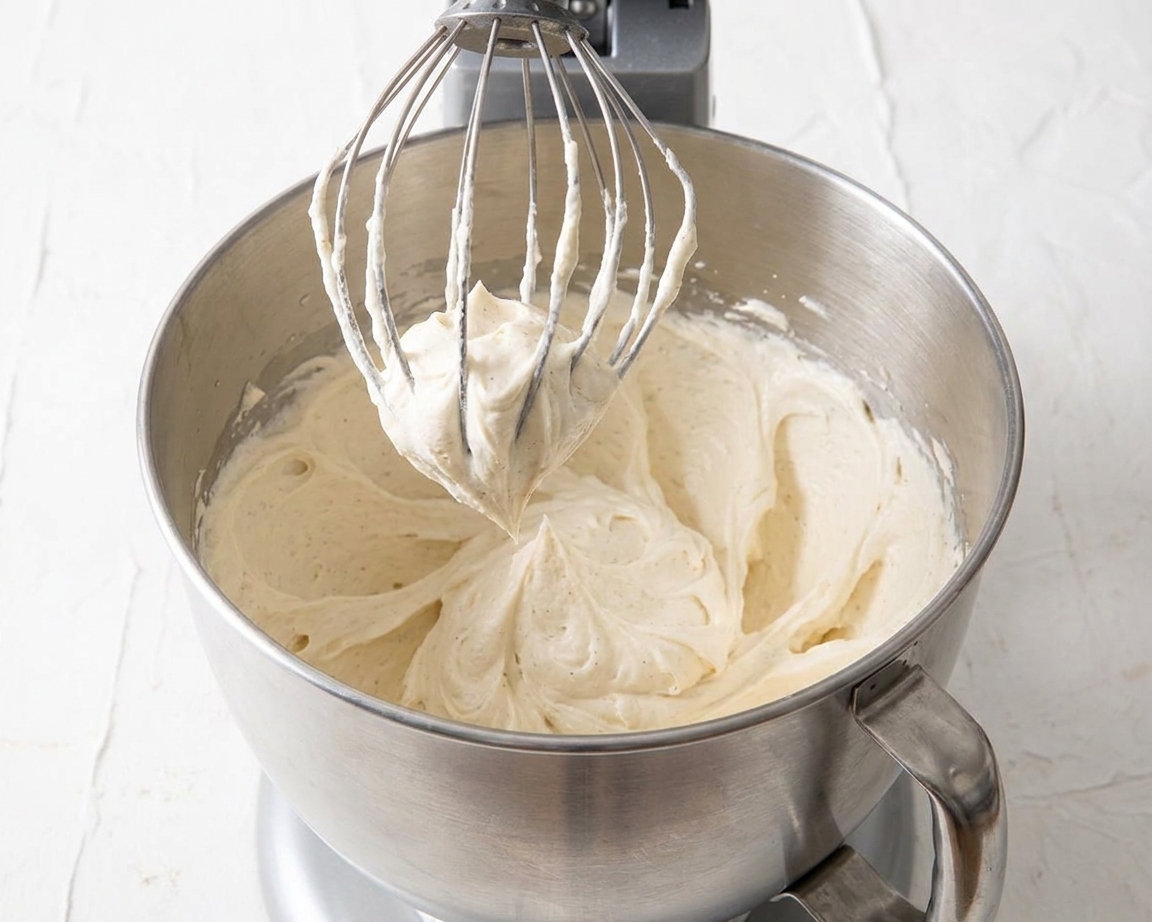 A stand mixer bowl with pale, fluffy vanilla buttercream being whipped, soft peaks forming along the whisk
